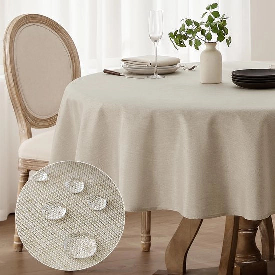 Tavolino coprifuoco circolare circa 160 cm diametro coprifuochi lavabili look lino beige coprifuoco impermeabile coprifuochi per tavolo da giardino coprifuoco per campeggio, matrimoni, compleanni