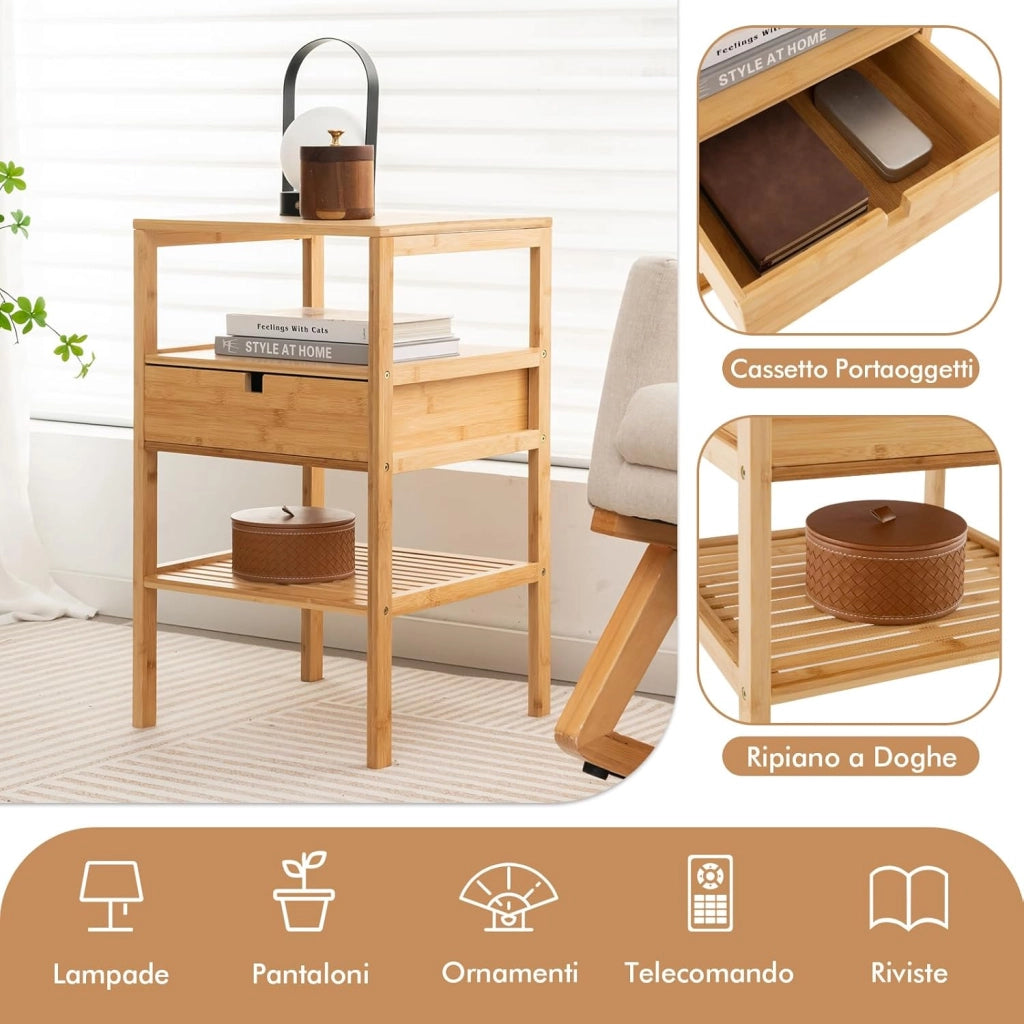 Comodino Tavolino con Cassetto e 3 Ripiani, Comodino Camera da Letto in Bambù, Comodino Salvaspazio Classico, per Soggiorno, Ufficio e Bagno, 40 x 40 x 68 cm (1)