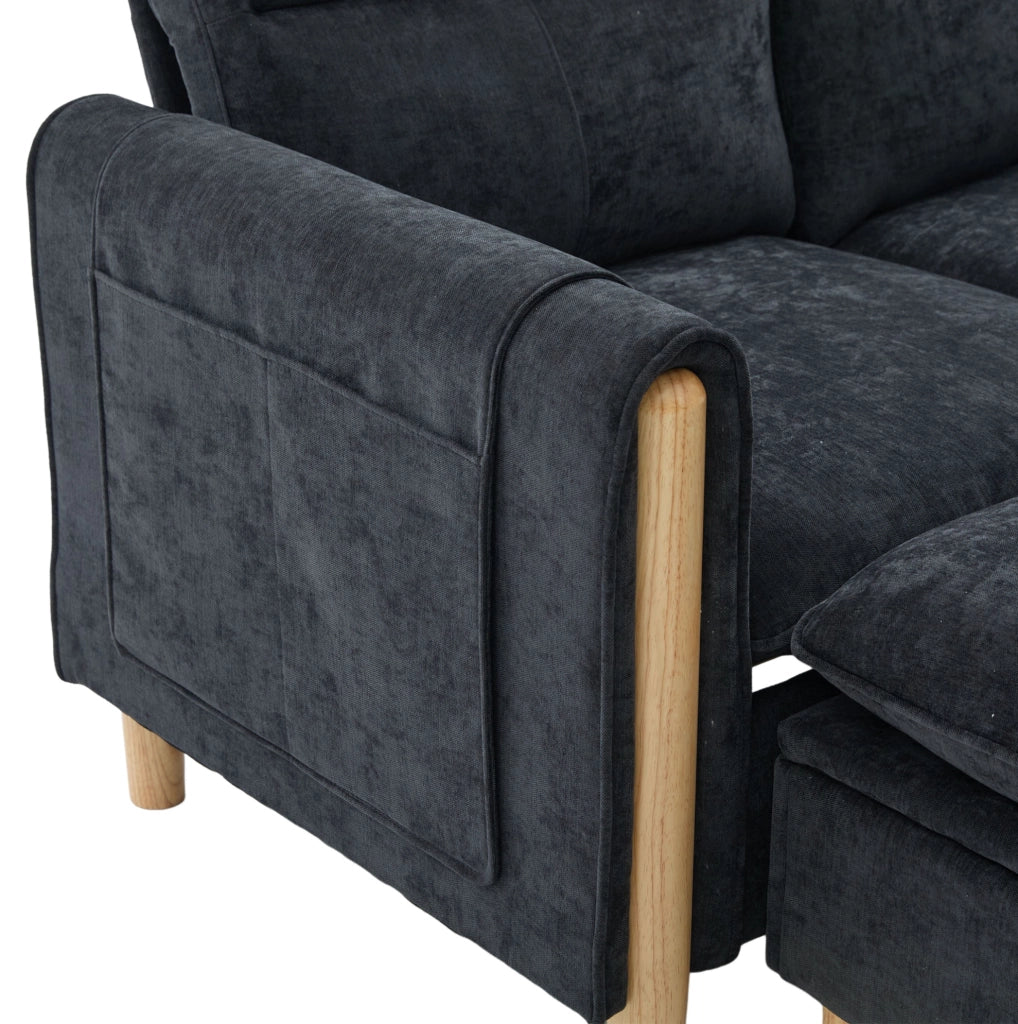 Divano modulare a U a 4 posti con 2 pouf contenitore; in chenille nero; 261 x 77 x 86 cm