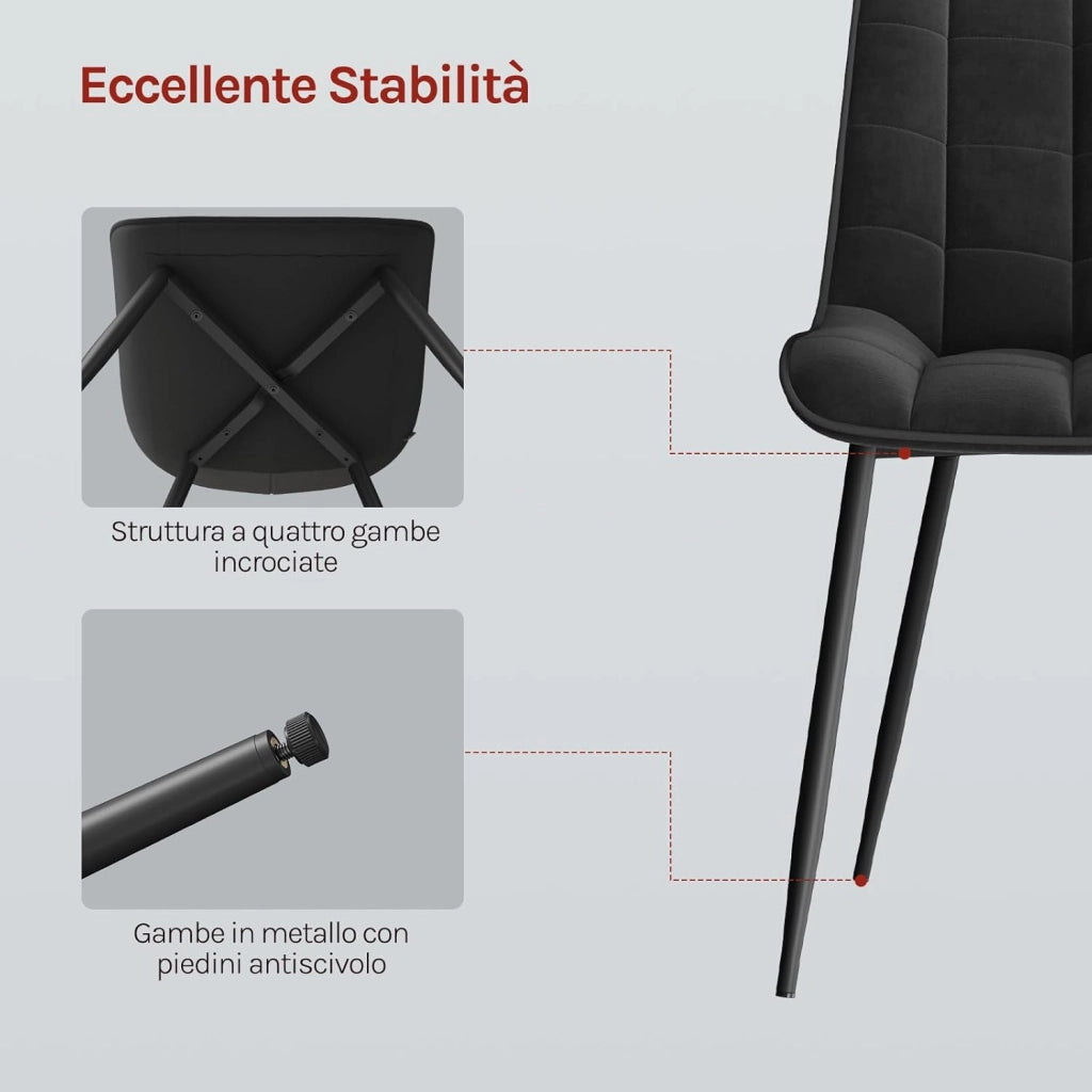 BH142sz-6 Sedie Sala da Pranzo Design Retrò Sgabello Imbottito con Rivestimento in Velluto Nero 6 Pezzi