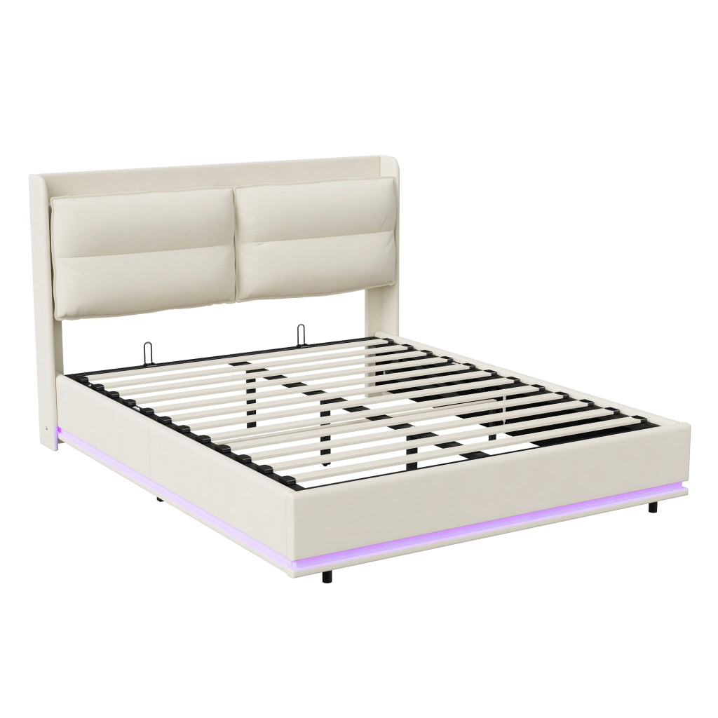 Letto contenitore 160x200 cm velluto beige, testiera imbottita, ricarica wireless, USB‑C e USB, luci RGB‑LED con telecomando, meccanismo idraulico