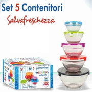Trade Shop - Set Di 5 Contenitori Frigo Vetro Per Alimenti Con Coperchio Colorato -