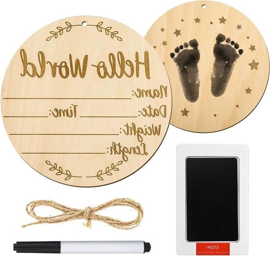 Annuncio per segnare il 15cm Rond Babykamer Nome Placca con Penna d'Inchiostro per impronte di mano e piede del Bambino Houten Hello World per neonati per foto accessori.