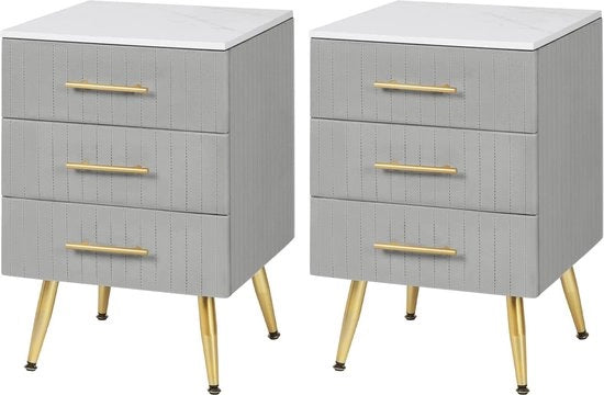 Set di 2 comodini da notte con 3 cassetti in legno massello - Comodini da notte moderni con finitura a marmo e alta stabilità 

Nota: ho mantenuto la specificazione di "massello" anziché "massivo" per mantenere la precisione tecnica.