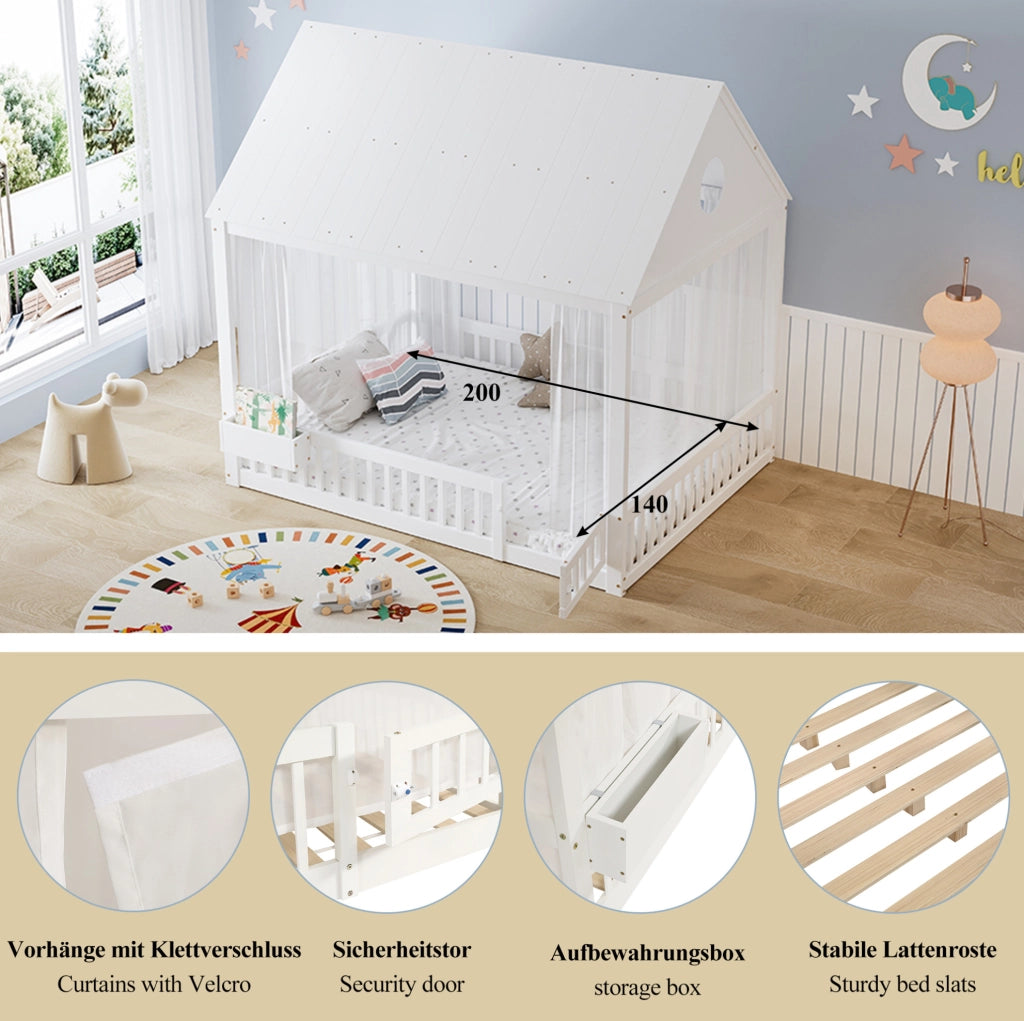 Letto singolo per bambini 140x200 cm bianco con tende