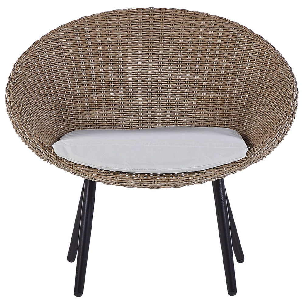 Set da bistrot da balcone con cuscini in vimini PE beige, tavolino e 2 sedie dal design moderno per esterni