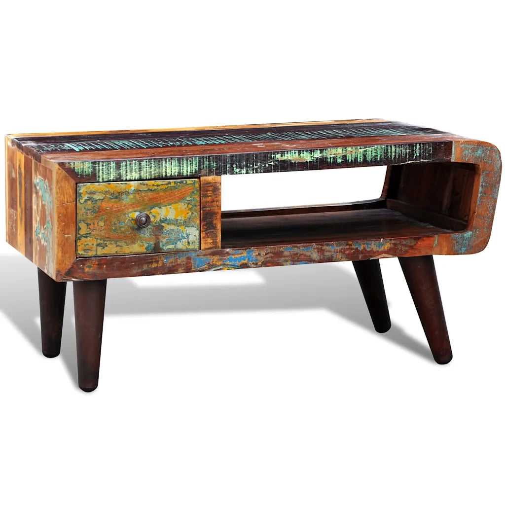 Tavolino da CaffÃ¨ con Bordo Curvo 1 Cassetto Legno di Recupero  cod mxl 20730