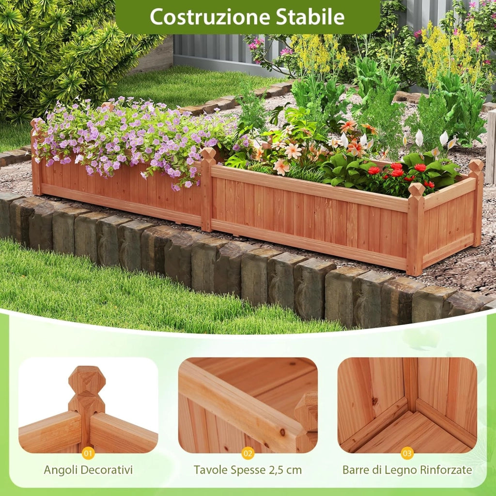 Letto da Esterno Rialzato in Legno, Fioriera Rettangolo con Divisorio, Sistema di Drenaggio, Fodera in Tessuto non Tessuto, Orto Rialzato per Giardino e Cortile, 227 x 59,5 x 40 cm (Marrone)