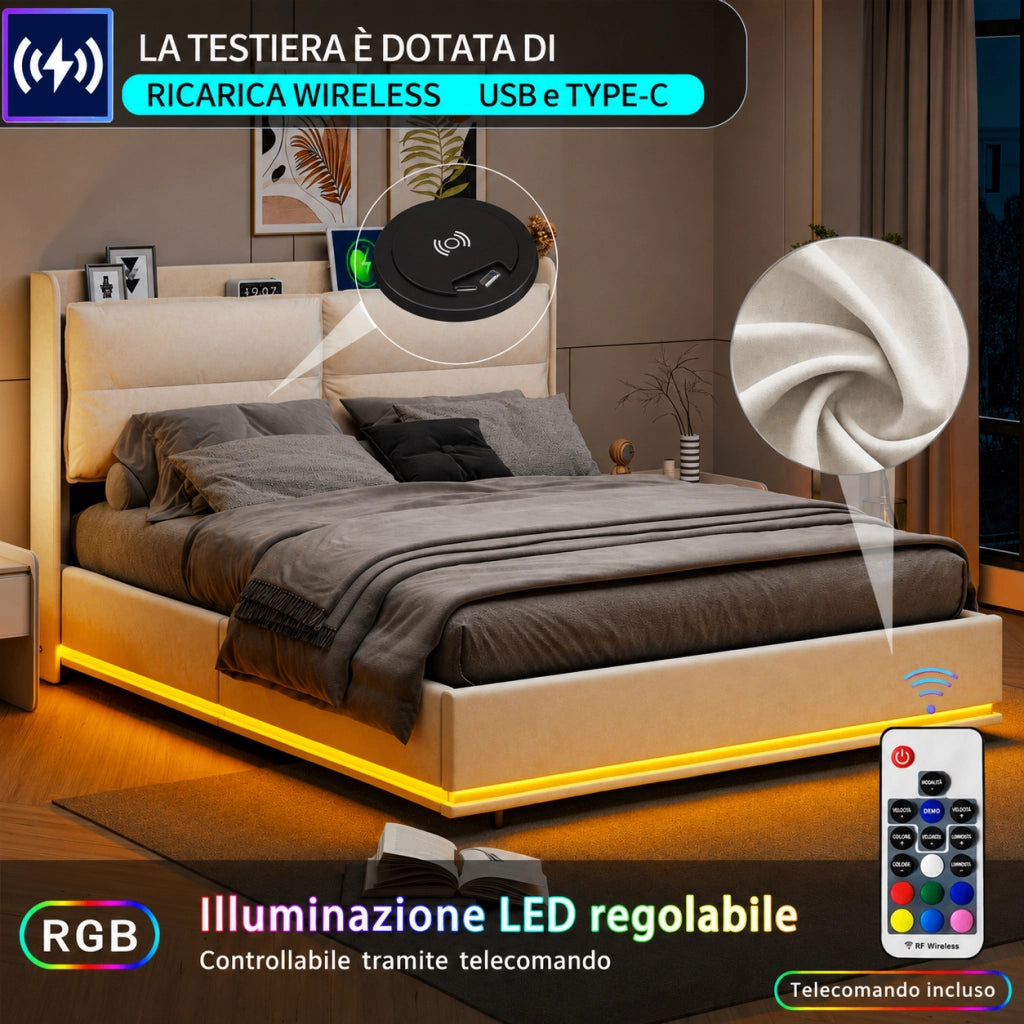 Letto contenitore 160x200 cm velluto beige, testiera imbottita, ricarica wireless, USB‑C e USB, luci RGB‑LED con telecomando, meccanismo idraulico