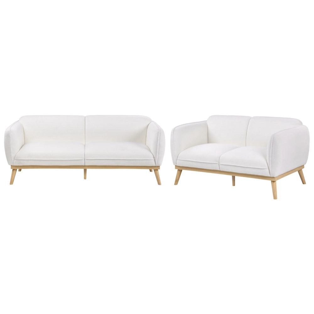 Set da salotto in stile scandinavo con divani a 2 e 3 posti, gambe affusolate in legno e rivestimento in bouclé bianco