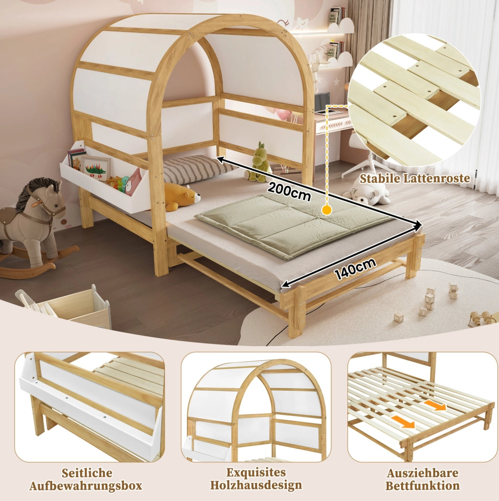 Letto per bambini a casetta con letto estraibile 140x200 cm; in legno massello e MDF; bianco e naturale