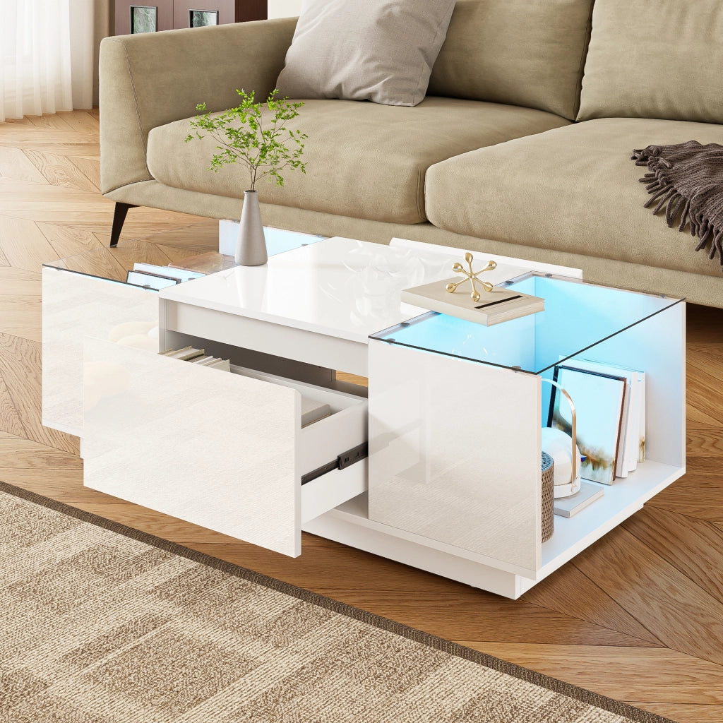 TAVOLINO 105 x 50 x 35 cm Bianco in pannello di truciolare con LED e 2 cassetti