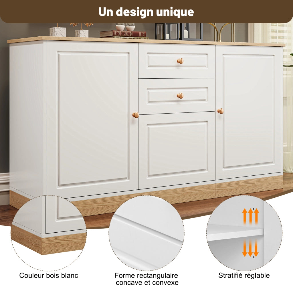 OKWISH Credenza Contenitore con 3 Ante, 2 Cassetti e Ripiani Regolabili, per Soggiorno e Sala da Pranzo, 135,5×39×76 cm
