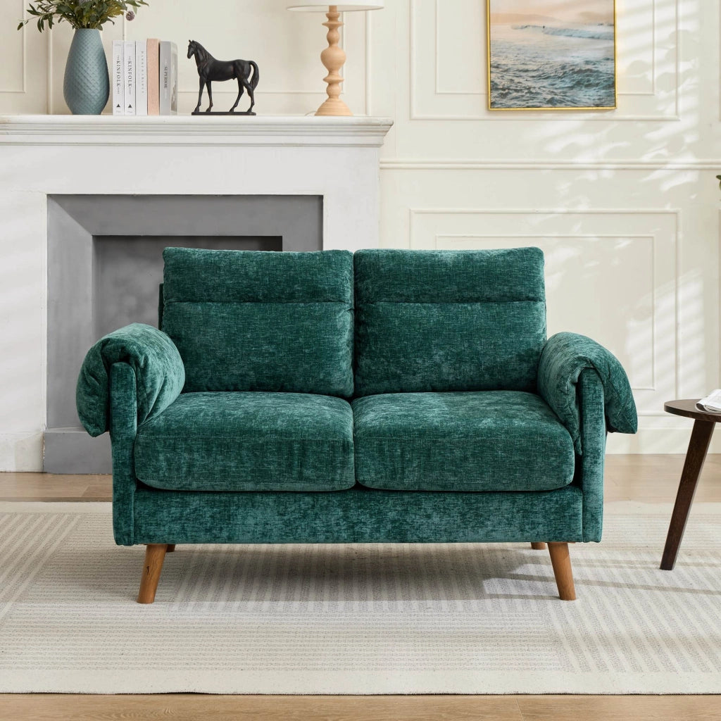 Divano 2 Posti in Tessuto Velluto ¨C MINIMAL ¨C Verde, Cuscini Morbidi, Gambe in Legno