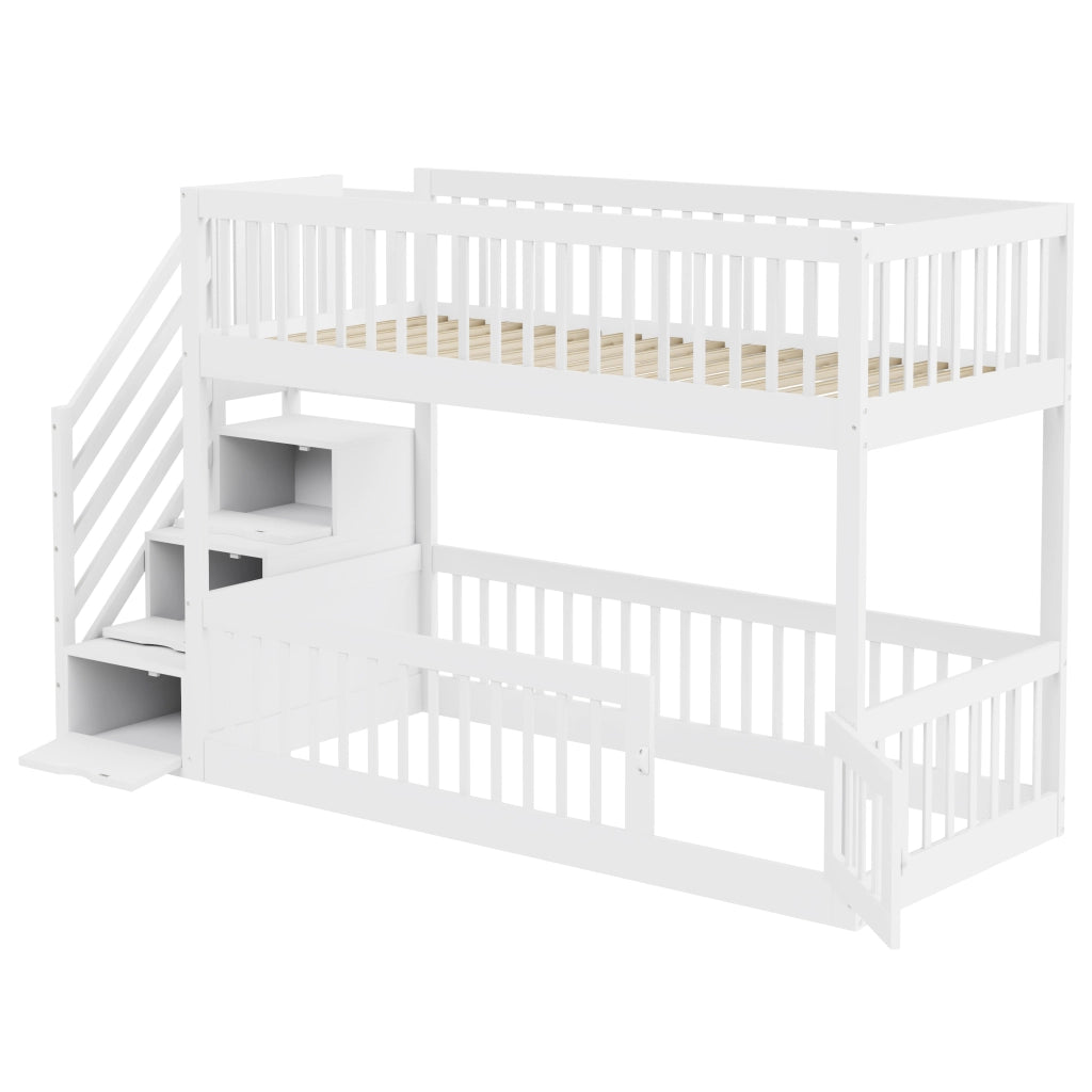 Letto a castello per bambini 90x200 in legno bianco con scala e cassetti
