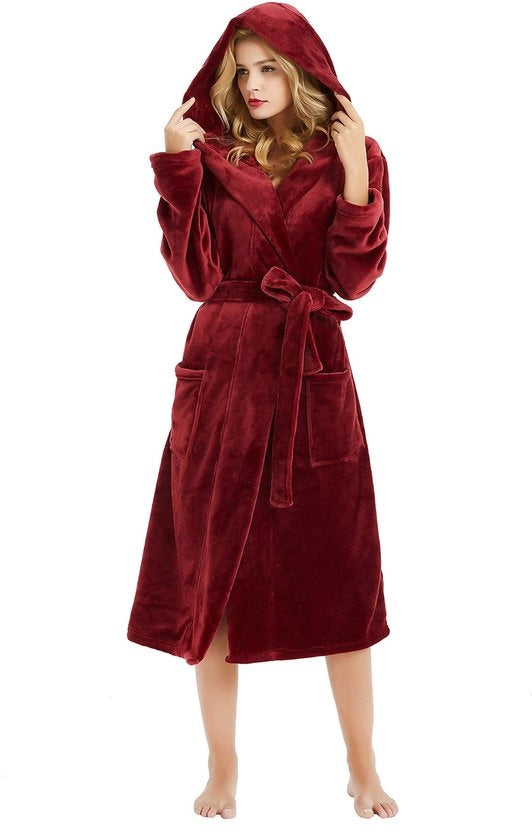 Badia di lana con cappuccio per donne, giacca da camera morbida per donne, giacca da camera soffice e calda per donne (rosso vino, S/M)