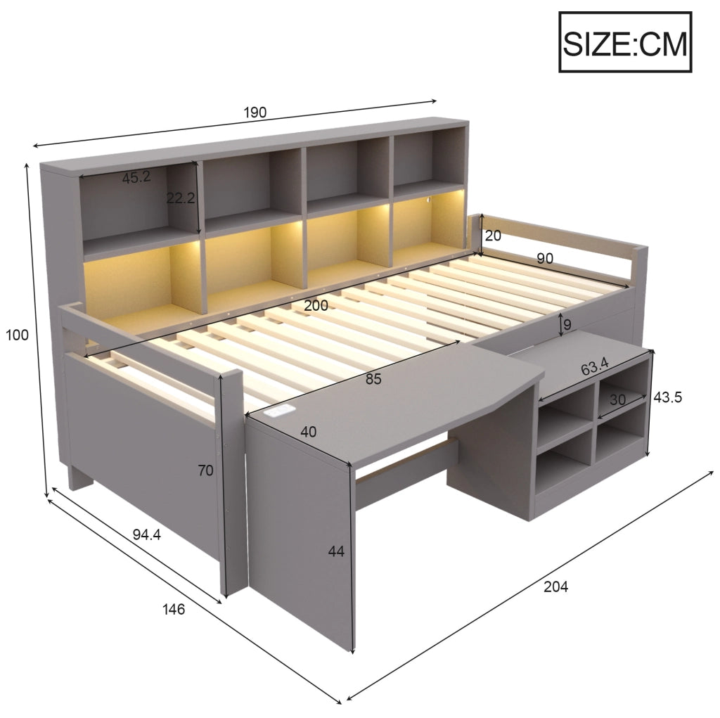 Letto singolo multifunzione 90x200 cm con scrivania; vani contenitore e LED; grigio