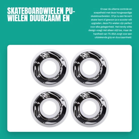 Set di ruote per skateboard da 4 - Ruote in PU elastomere - Durezza 75-85A - Duraturo - Bianco/bianco con disegno - Buona guida mobile