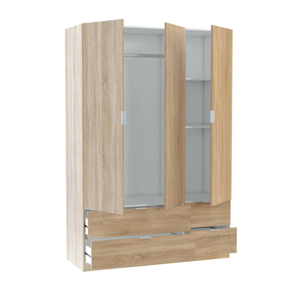 Guardaroba Ababala, Mobile camera da letto a 3 ante e 2 cassetti, Armadio appendiabiti, 135x52h200 cm, Rovere
