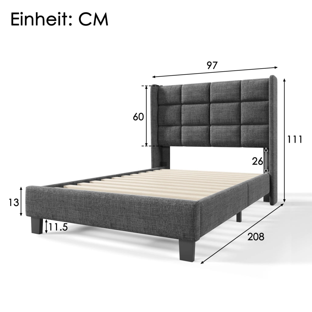 Letto singolo imbottito grigio 90x200 cm con rete a doghe e materasso a molle H3