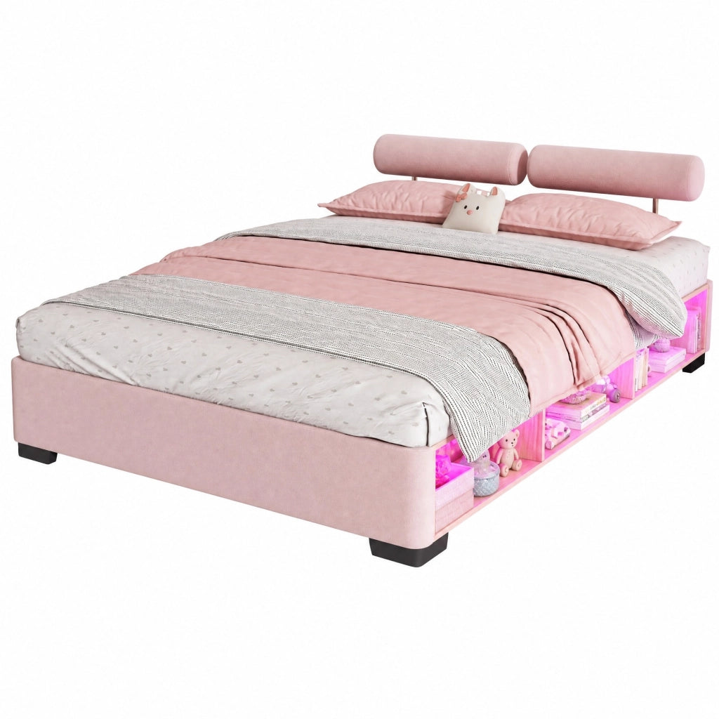 Letto imbottito per bambini 140x200 cm rosa con ripiano laterale LED e testiere modulari HAVRYA