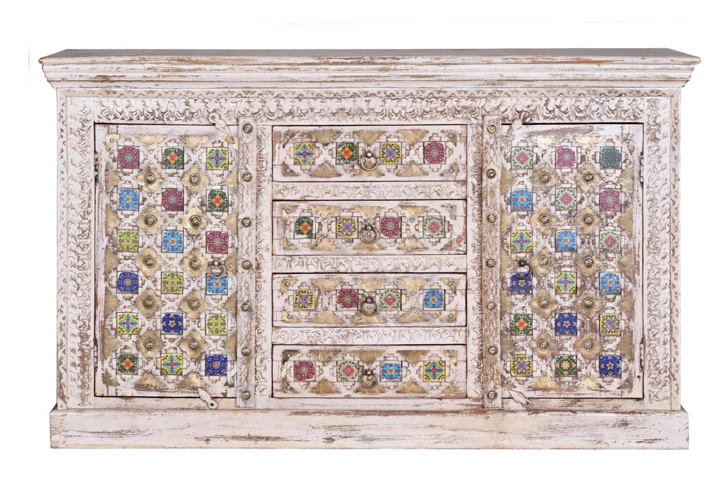 Credenza in legno di mango con dettagli in ceramica e bronzo