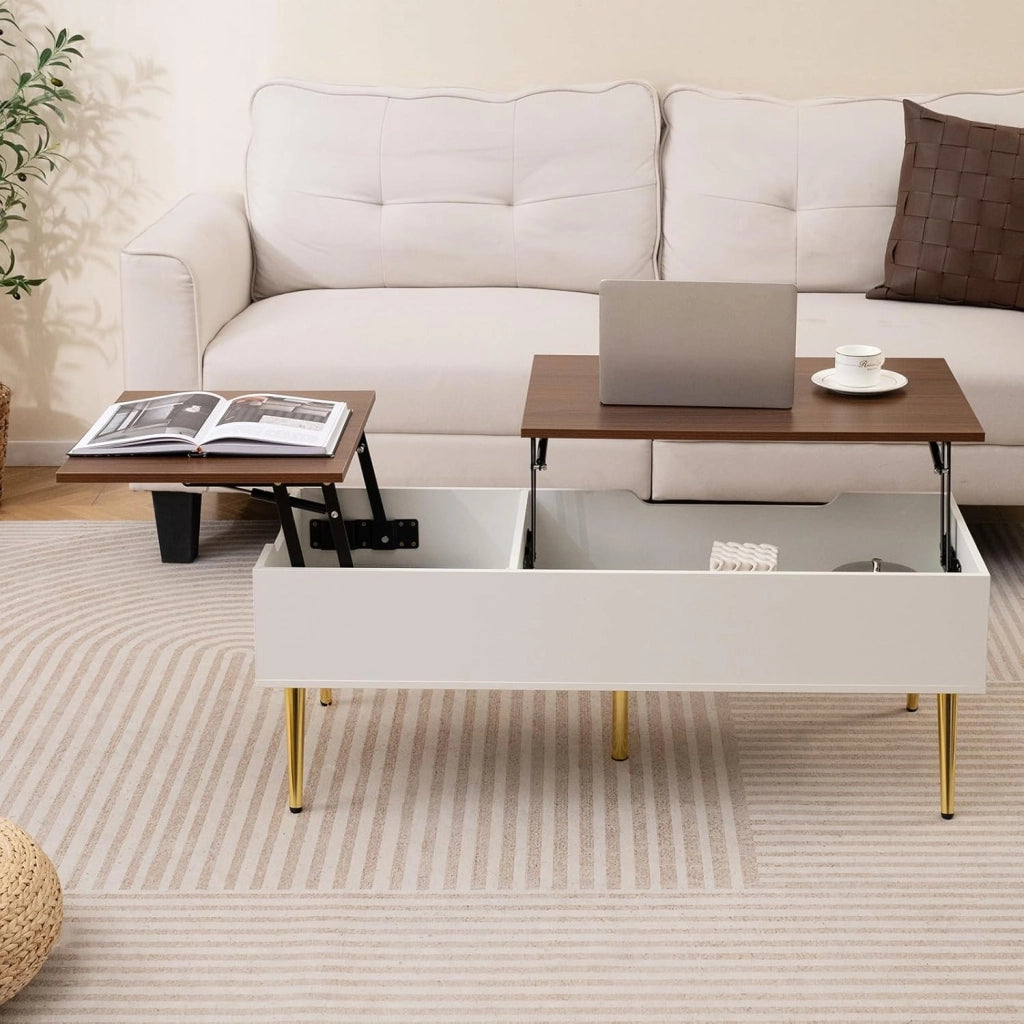 Tavolino da Caffè con Piano Sollevabile, Tavolino Moderno con 2 Scomparti Nascosti e Gambe in Metallo, Tavolo per Soggiorno, Studio e Ufficio, 111 x 48 x 40-53,5 cm (Noce)