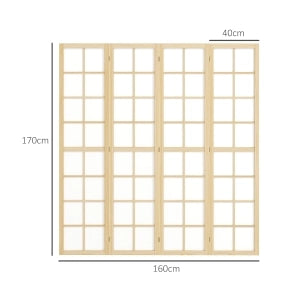 Paravento pieghevole a 4 pannelli in legno naturale, 160 x 170 cm, divisorio salvaspazio per interni