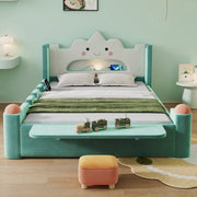 Letto per bambini 140x200 cm con lampada da lettura; USB; contenitore e ripiano in velluto bluverde