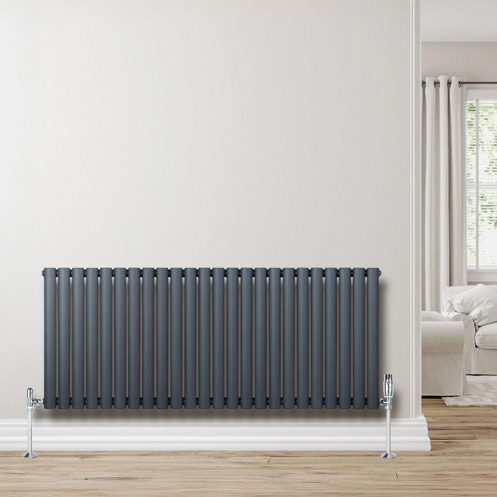 Radiatore Orizzontale Ovale 600x1440mm Grigio Antracite con Valvole TRV
