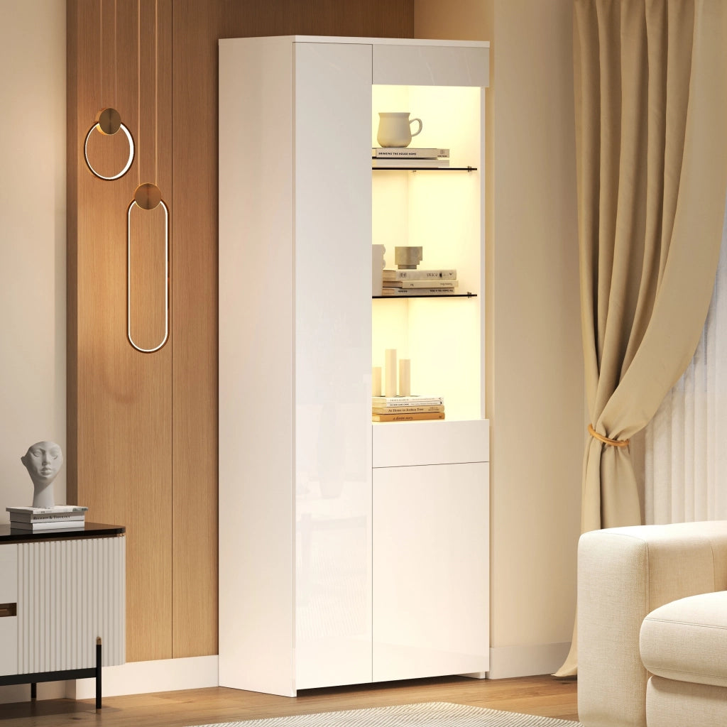 Vetrina con 2 ante, 1 cassetto e vani aperti con LED per soggiorno, in truciolato e vetro, bianco, 70 × 35 × 180 cm