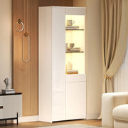 Vetrina con 2 ante, 1 cassetto e vani aperti con LED per soggiorno, in truciolato e vetro, bianco, 70 × 35 × 180 cm