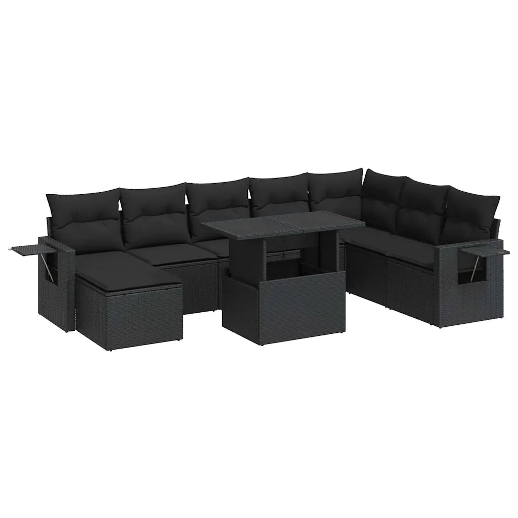 Set Divani da Giardino 9 pz con Cuscini Nero in Polyrattan