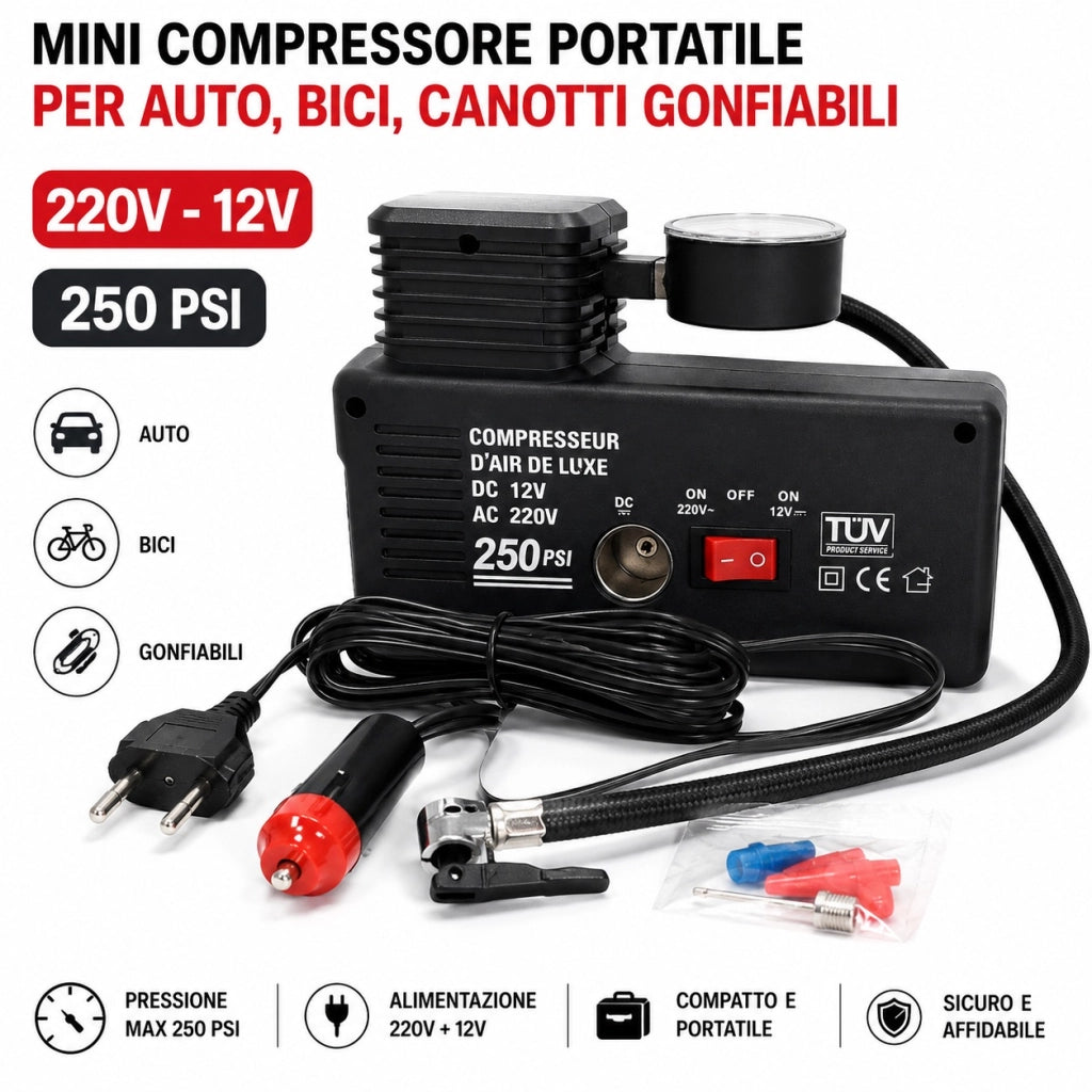 MINI COMPRESSORE PORTATILE CANOTTI AUTO 12V 220V AUTO BICI MOTO 250PSI
