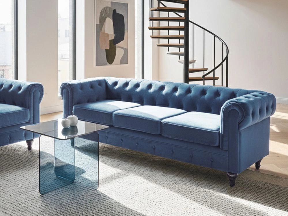 Divano Chesterfield Tessuto Velluto Blu Rivestimento Gambe Nere 3 Posti Contemporaneo