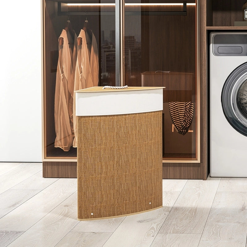 Cesto portabiancheria angolare in bambù 55 L con coperchio e sacco interno rimovibile, marrone