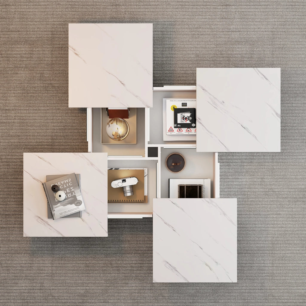 Tavolino da caff¨¨ quadrato moderno bianco con effetto marmo, 90 x 90 x 25 cm, 4 cassetti, piano scorrevole, portata fino a 30 kg