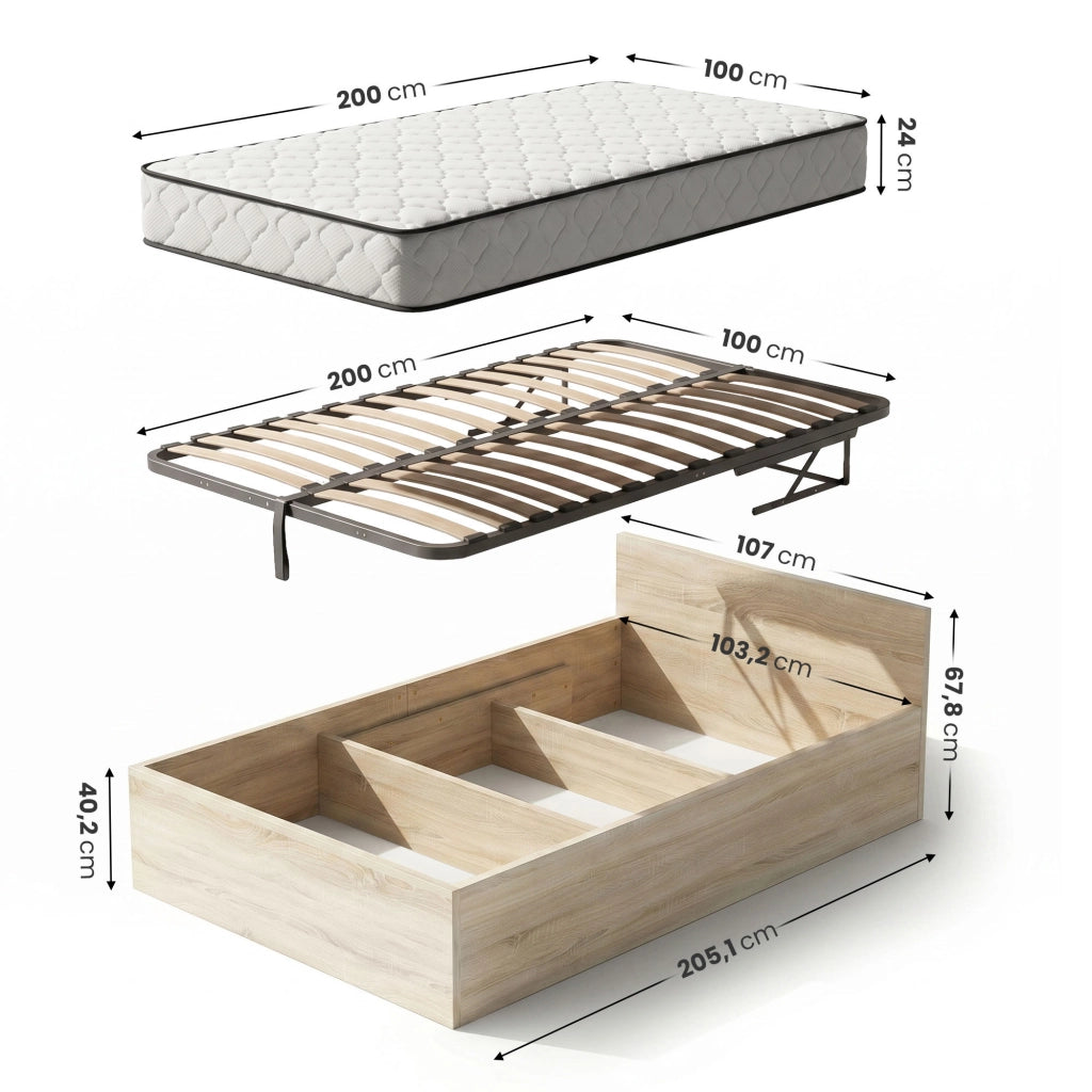 Letto con contenitore 100x200 cm rete sollevabile in metallo e materasso a molle Rovere Sonoma