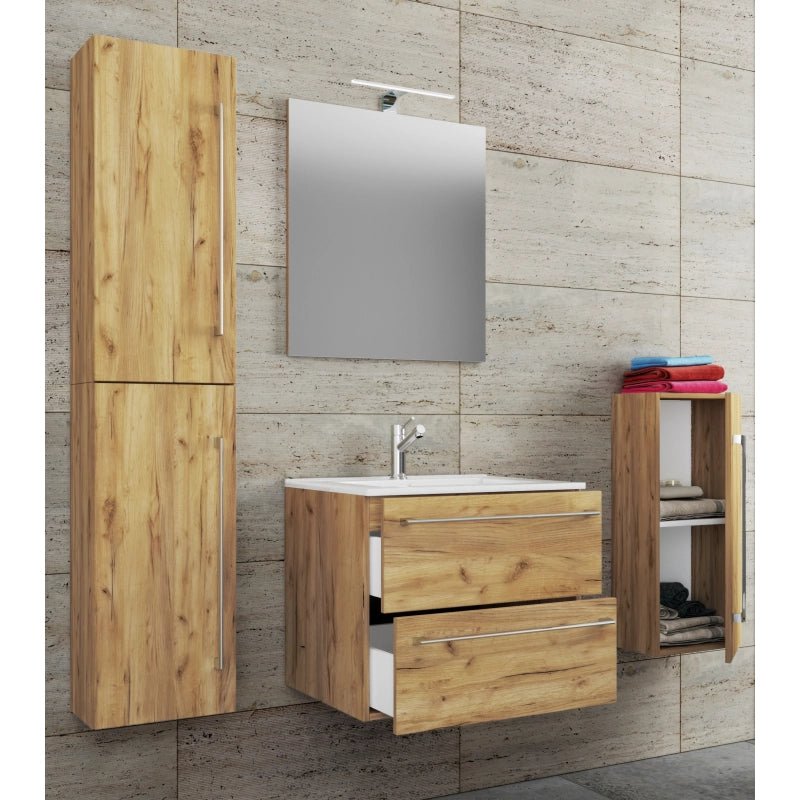 Completo Set bagno 5 pz Mobile sosp 2 casetti con Lavabo large in ceramica incl 1 Colonna 1 mobile sosp e specchio, Rovere