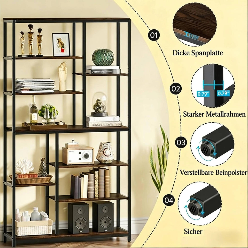 Libreria alta 100x30x200 cm in metallo e pannello rustico， nera， stile industriale