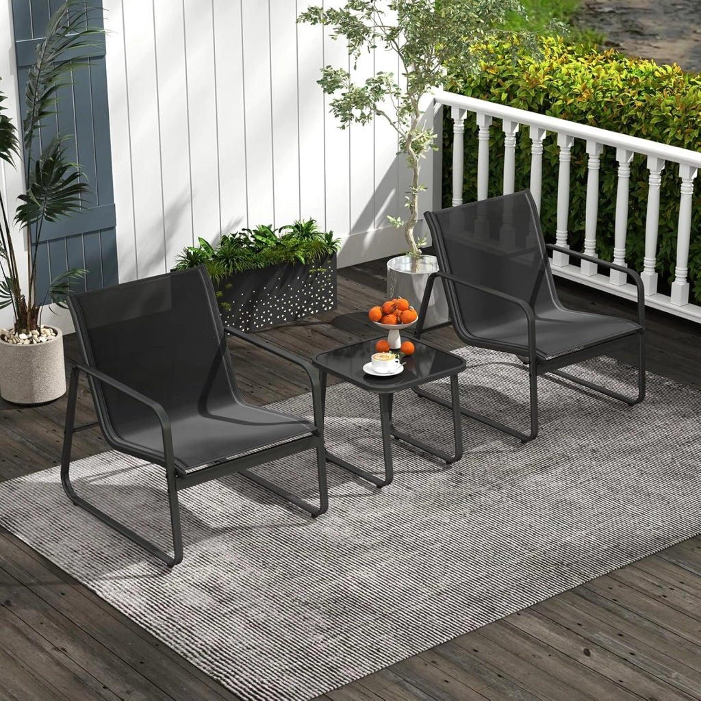 Set da Conversazione a 3 Pezzi, Set di 2 Sedie in Textilene e Tavolino in Vetro Temperato, Set da Giardino a 3 Pezzi con Struttura in Metallo, per Giardino, Terrazza, Piscina (Nero)