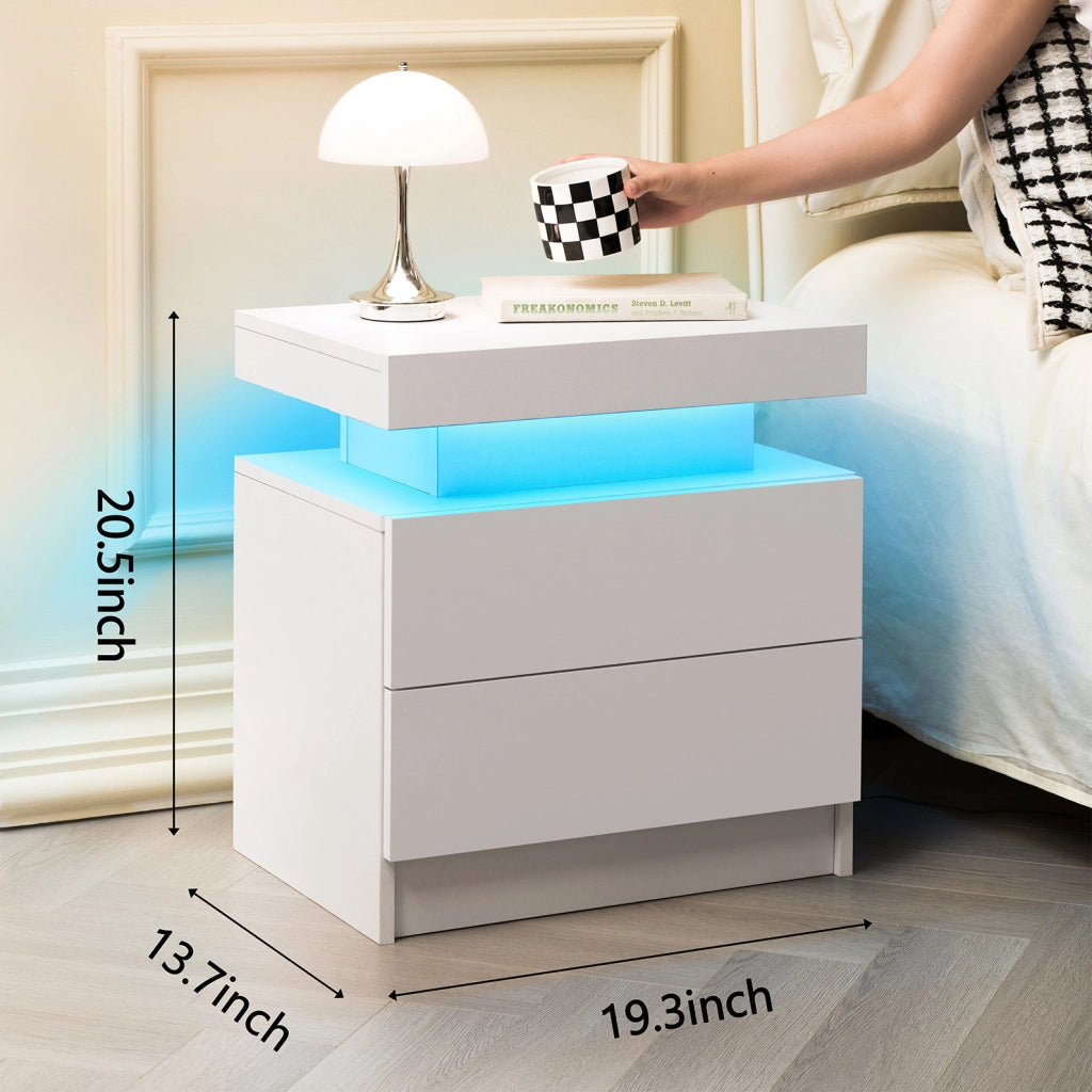 Comodino ULEVR bianco con 2 cassetti, vano aperto e luci LED multicolore regolabili