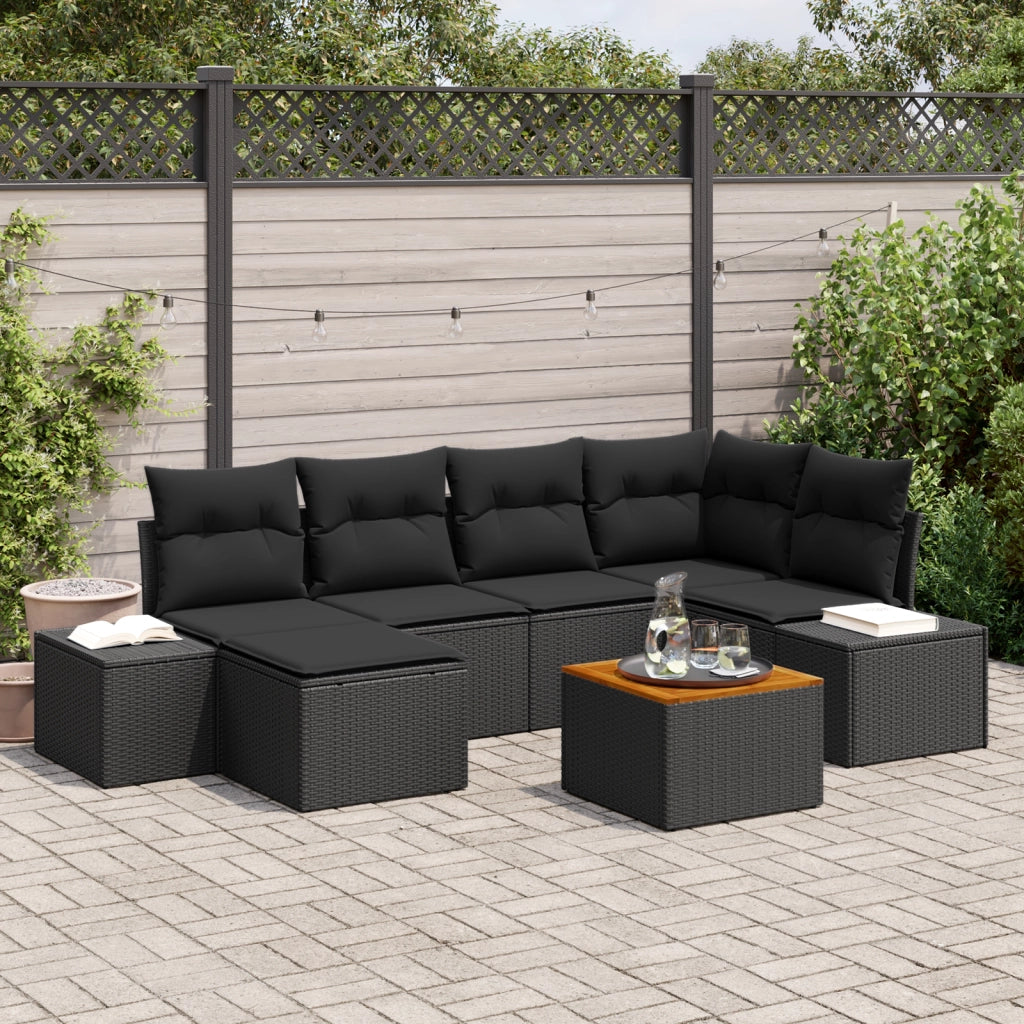 Set Divano da Giardino con Cuscini Nero Polyrattan Acacia