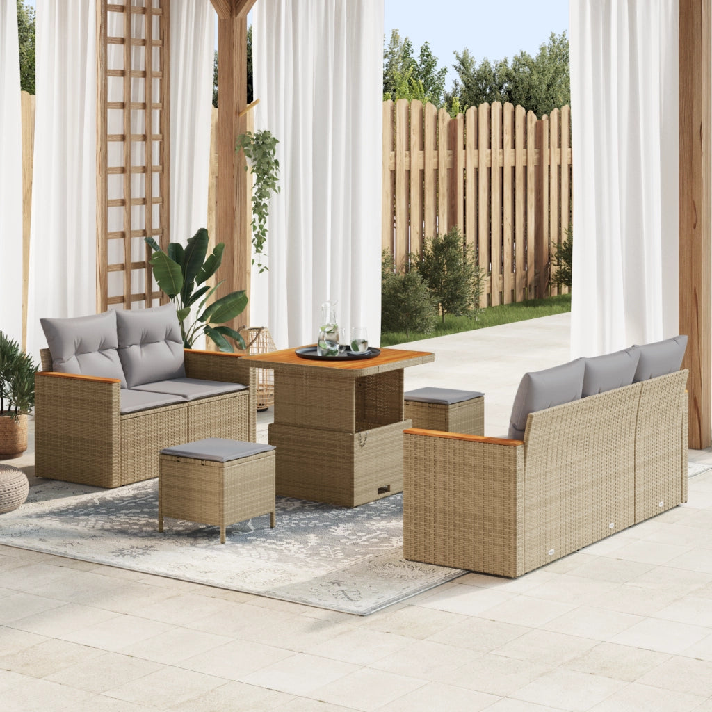 Set Divano da Giardino a 8 Pezzi con Cuscini in Vimini Beige e Acacia
