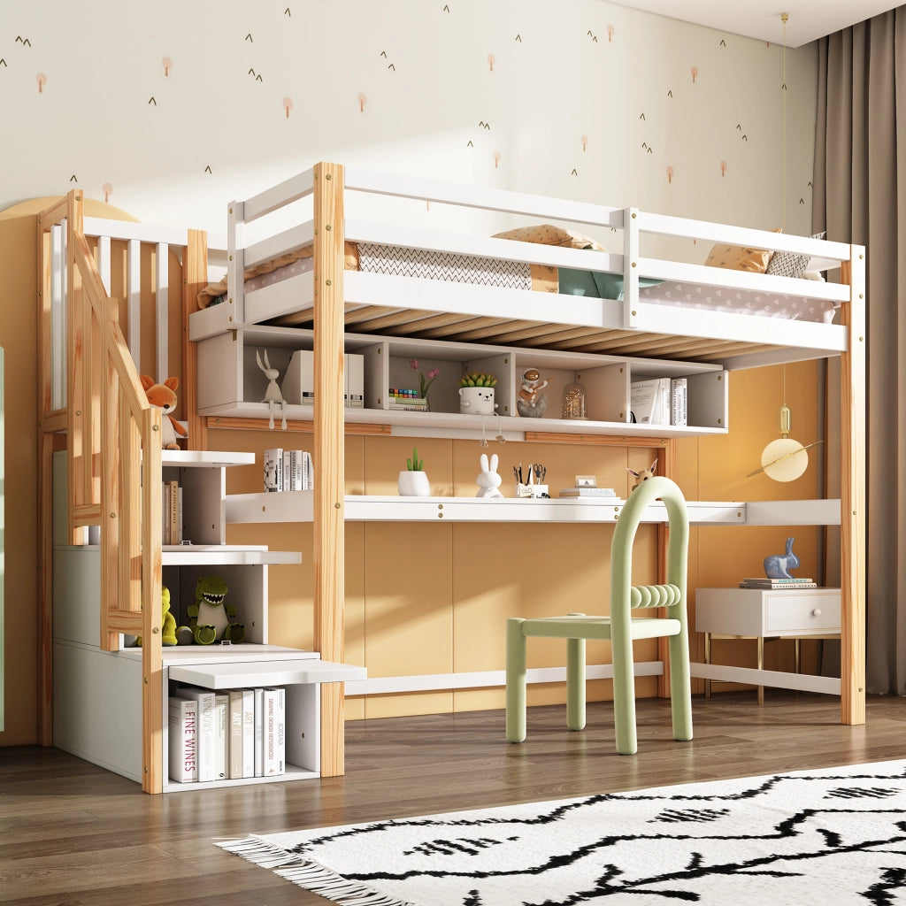 Letto a castello bianco e rovere con scrivania integrata e scaffali in legno massello 105x200 cm