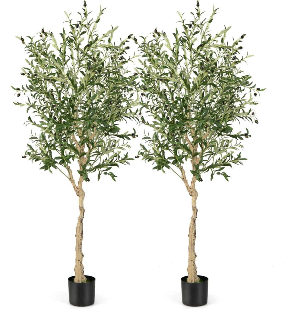 Pianta Finta da Interno da 182 cm, Olivo Artificiale da 2 Pezzi con Vaso di Cemento, 1296 Foglie e 72 Frutti, Pianta Finta per Soggiorno, Ufficio e Negozio (1)