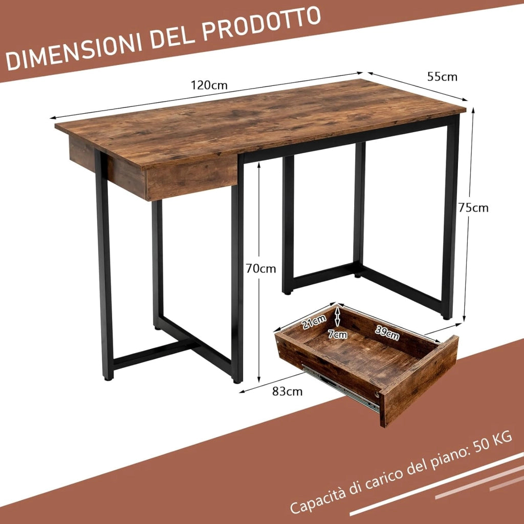 Scrivania per Computer con Cassetto, Scrivania per Ufficio con Struttura in Metallo, Ampio Piano 120 x 55 cm e Piedini Regolabili, 120 x 55 x 75 cm (Marrone Rustico)