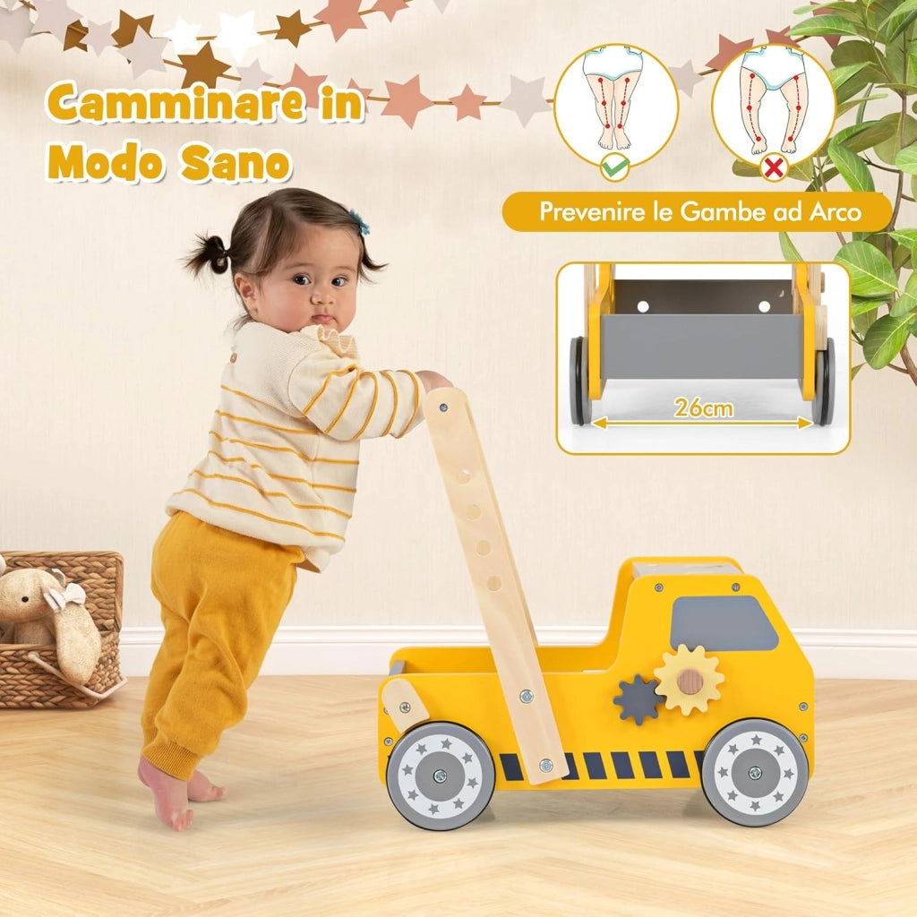 2-in-1 Primi Passi per Bambini con Altezza Regolabile, Girello in Legno con Banco da Lavoro, Carrello da Spinta con Giocattoli Montessori, Velocità Regolabile, Spazio di Archiviazione