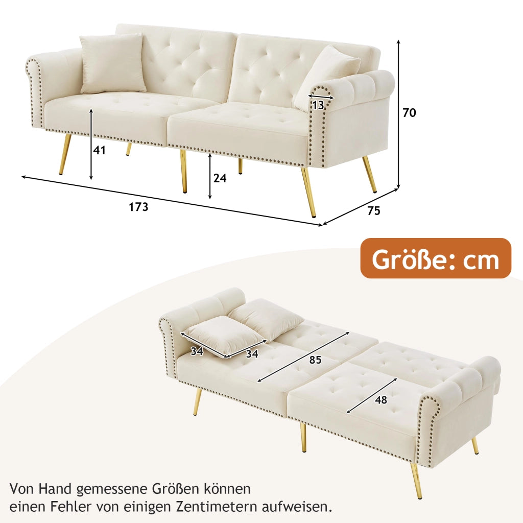 DIVANO LETTO 2 posti reclinabile 147x85 cm velluto Beige con 2 cuscini