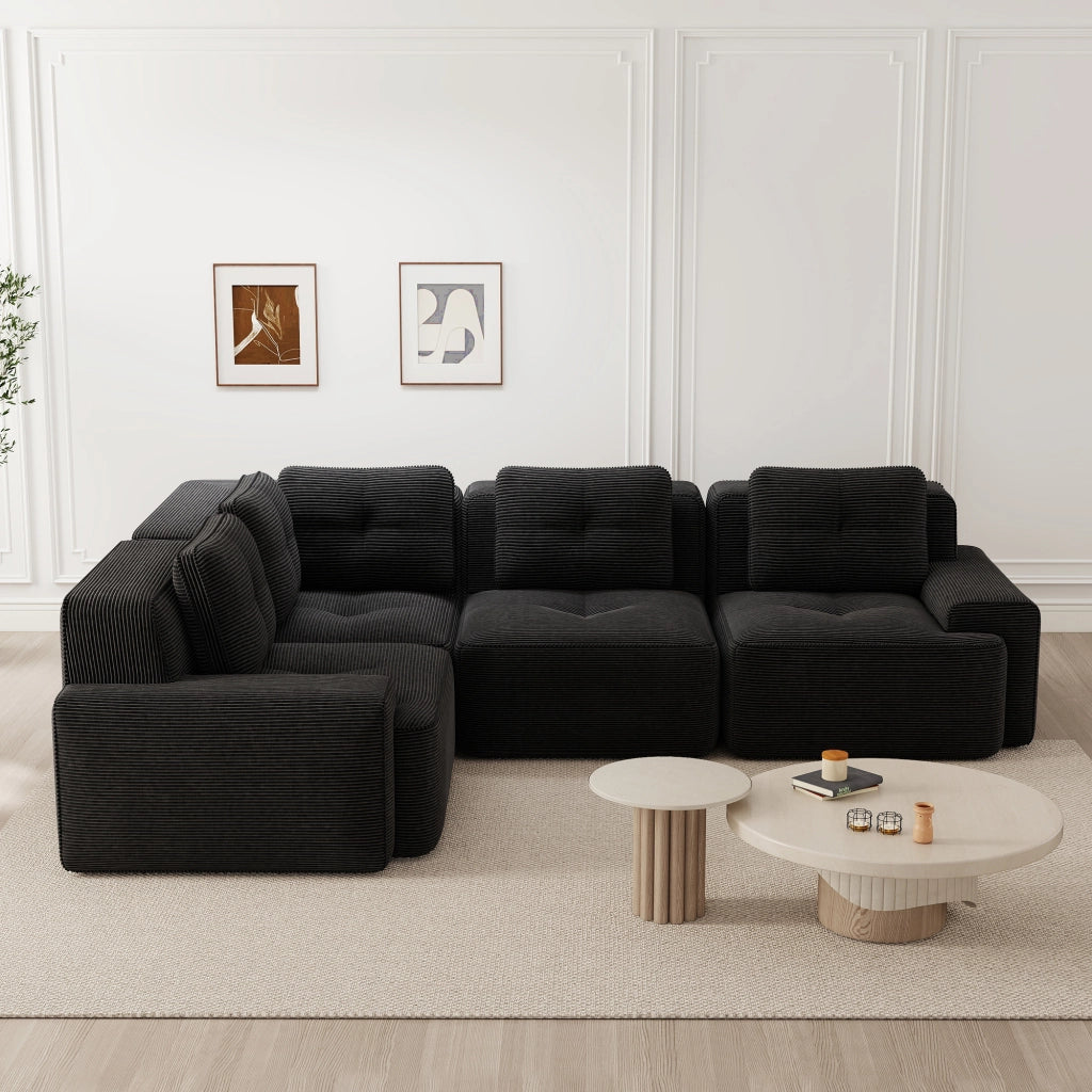 Divano angolare modulare senza montaggio con design antiscivolo e seduta profonda in velluto a coste nero per soggiorno